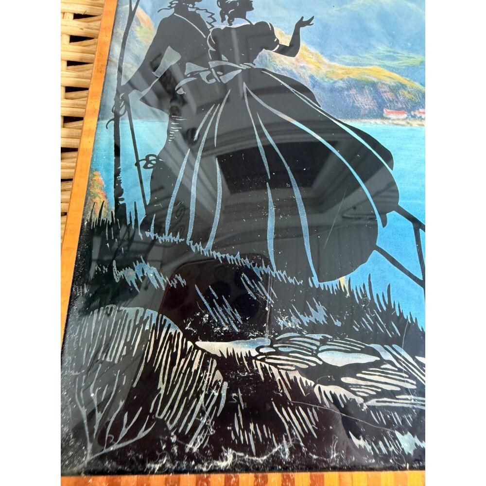 Vintage 40's Reverse Painted Silhouette Victorian Couple Mountain scene Picture - Picture 3 of 9